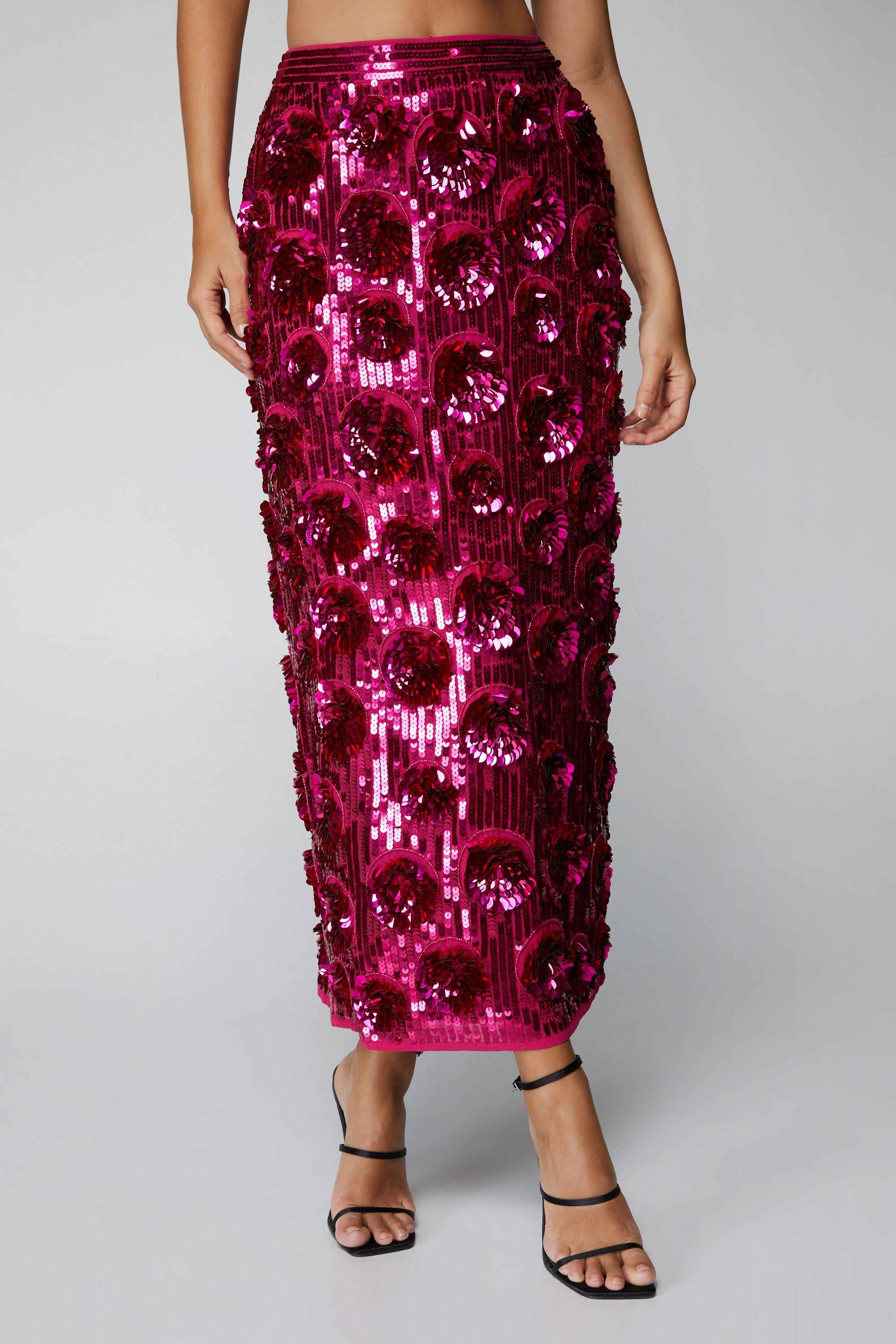 3D Sequin Floral Midi Skirt